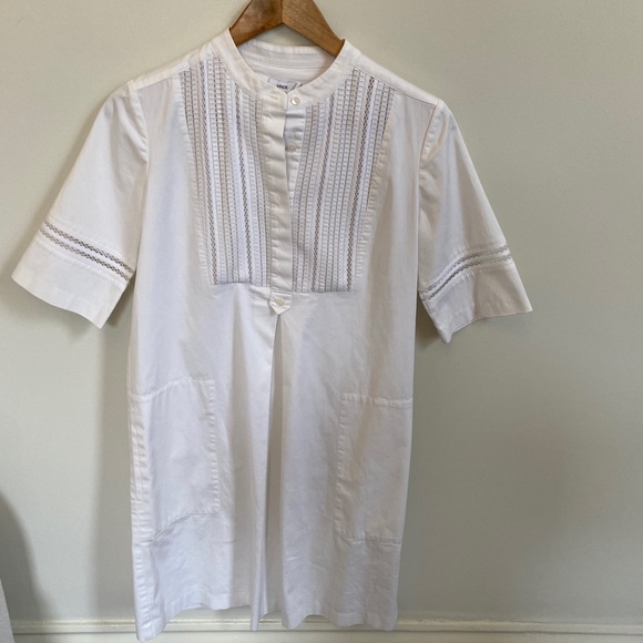 VINCE Lattice Lace Bib Cotton Poplin Shift Dress - Picture 6 of 16